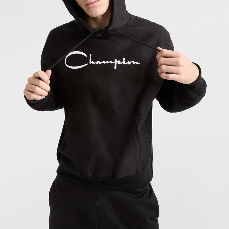 Reverse Weave Hoodie, White Vintage Script Logo