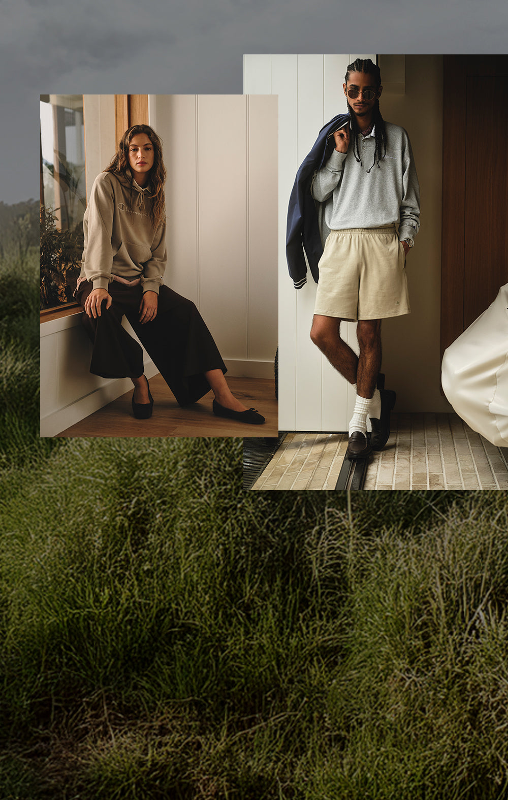 Two people in casual outfits with a grassy background