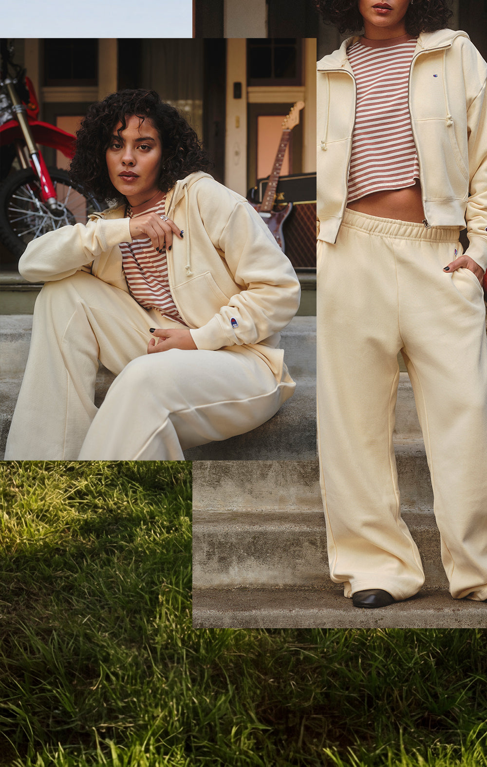 Person wearing a beige tracksuit sitting on steps with a motorcycle in the background.