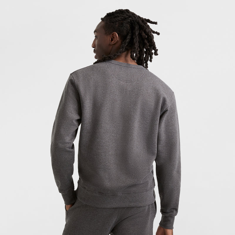Seen from behind, a person with long, twisted hair wears a dark gray Champion Powerblend Crewneck Sweatshirt (C Logo) and matching pants against a plain white background.
