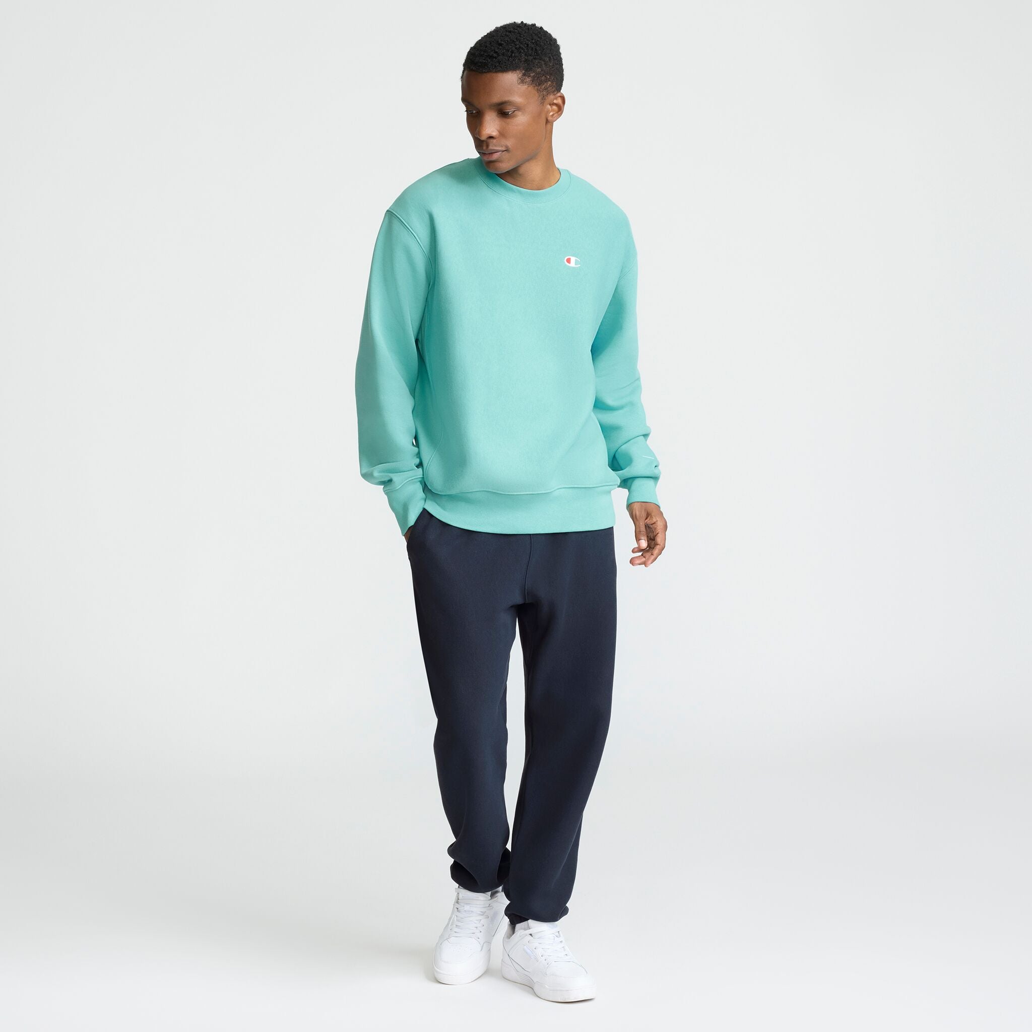 Champion Reverse Weave Crewneck Sweatshirt, C Logo in Milky Way Bl