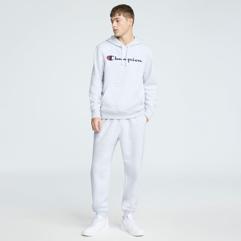Champion Powerblend Hoodie, Full Script Logo in Platinum Silver Heather