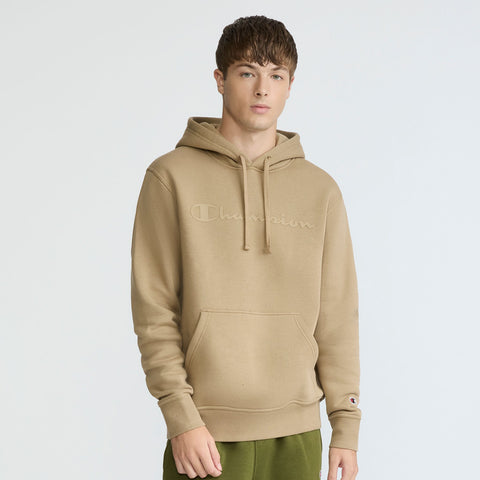 Champion Powerblend Hoodie, Tonal Script Logo in Sand Pepper Khaki