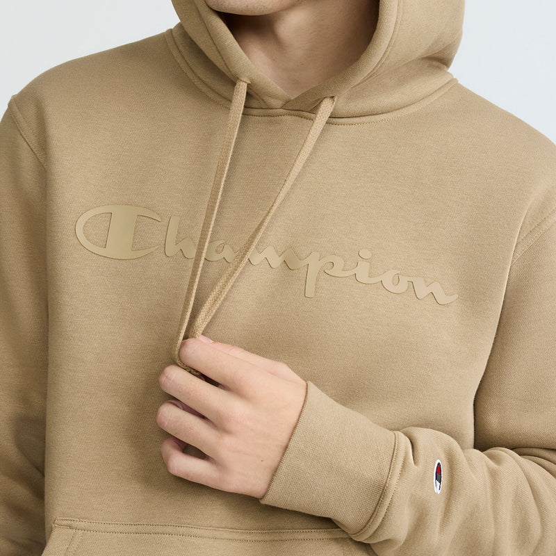 Champion Powerblend Hoodie, Tonal Script Logo in Sand Pepper Khaki