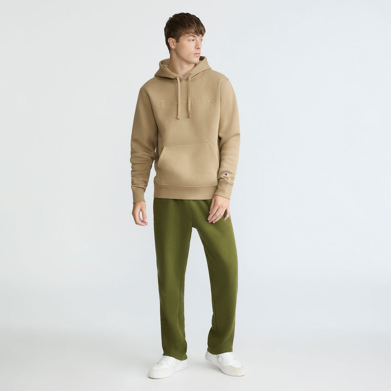 Champion Powerblend Hoodie, Tonal Script Logo in Sand Pepper Khaki