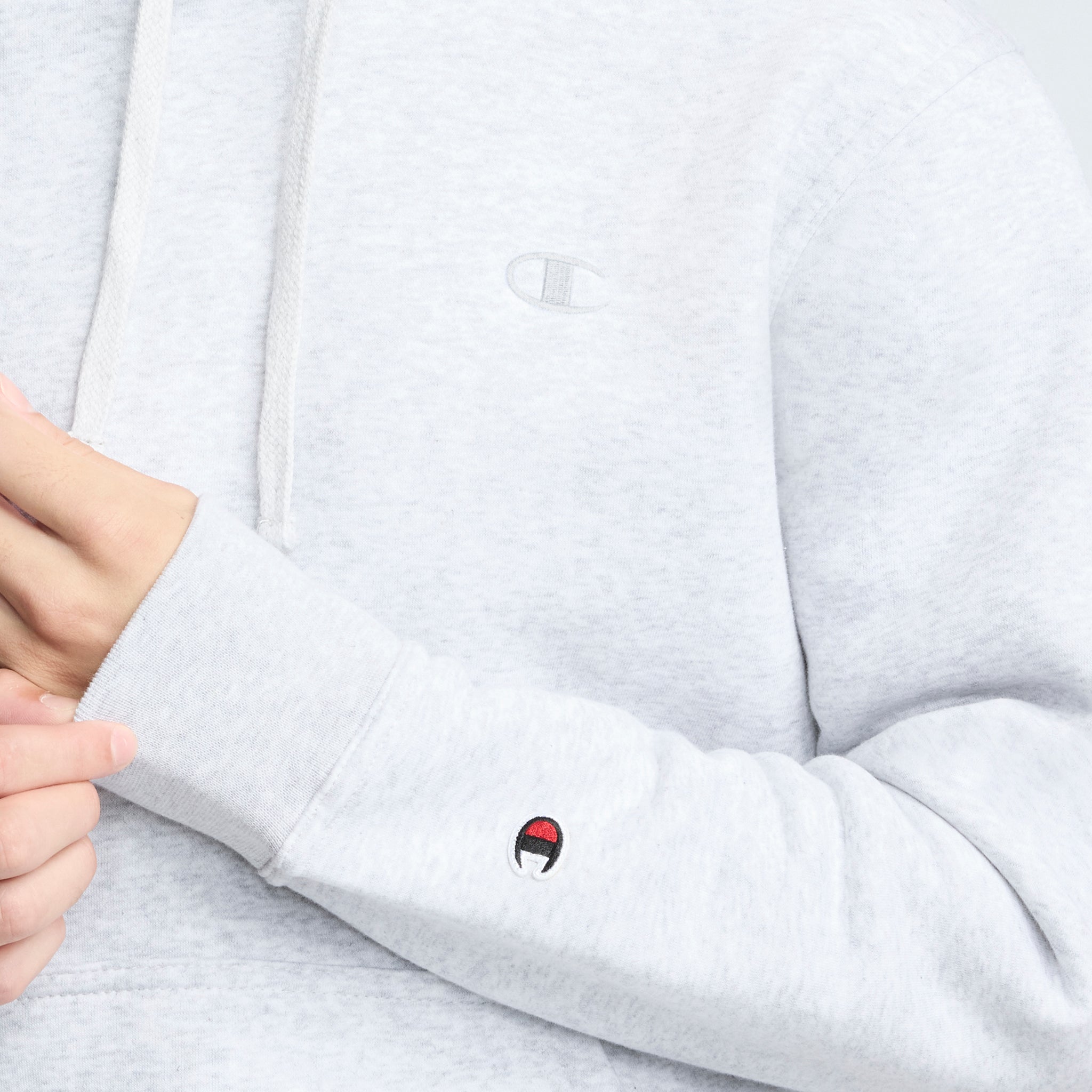 Champion Powerblend Hoodie, C Logo in Platinum Silver Heather