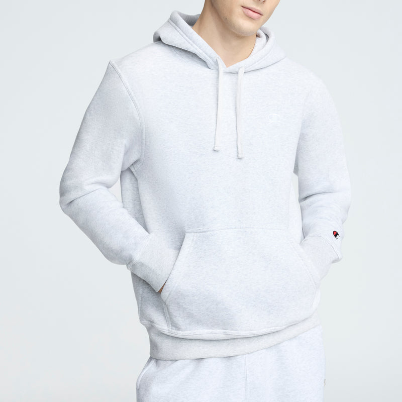 Champion Powerblend Hoodie, C Logo in Platinum Silver Heather