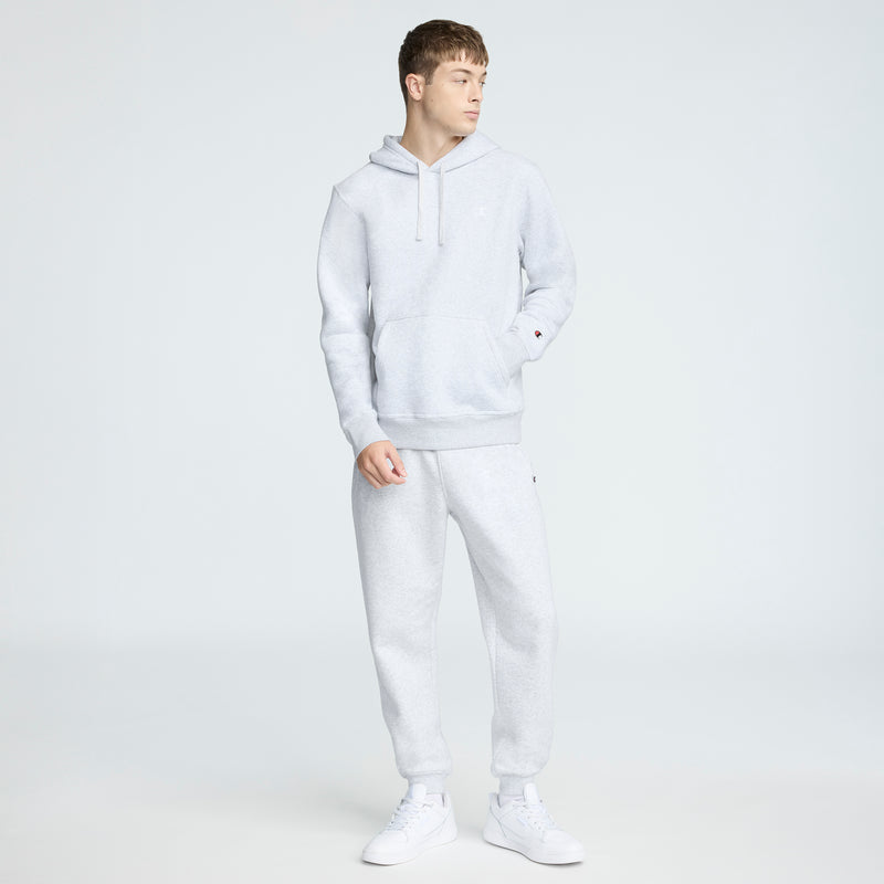 Champion Powerblend Hoodie, C Logo in Platinum Silver Heather