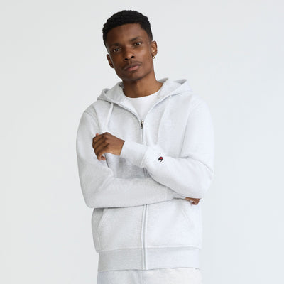 Champion Powerblend Full-Zip Hoodie, C Logo in Platinum Silver Heather