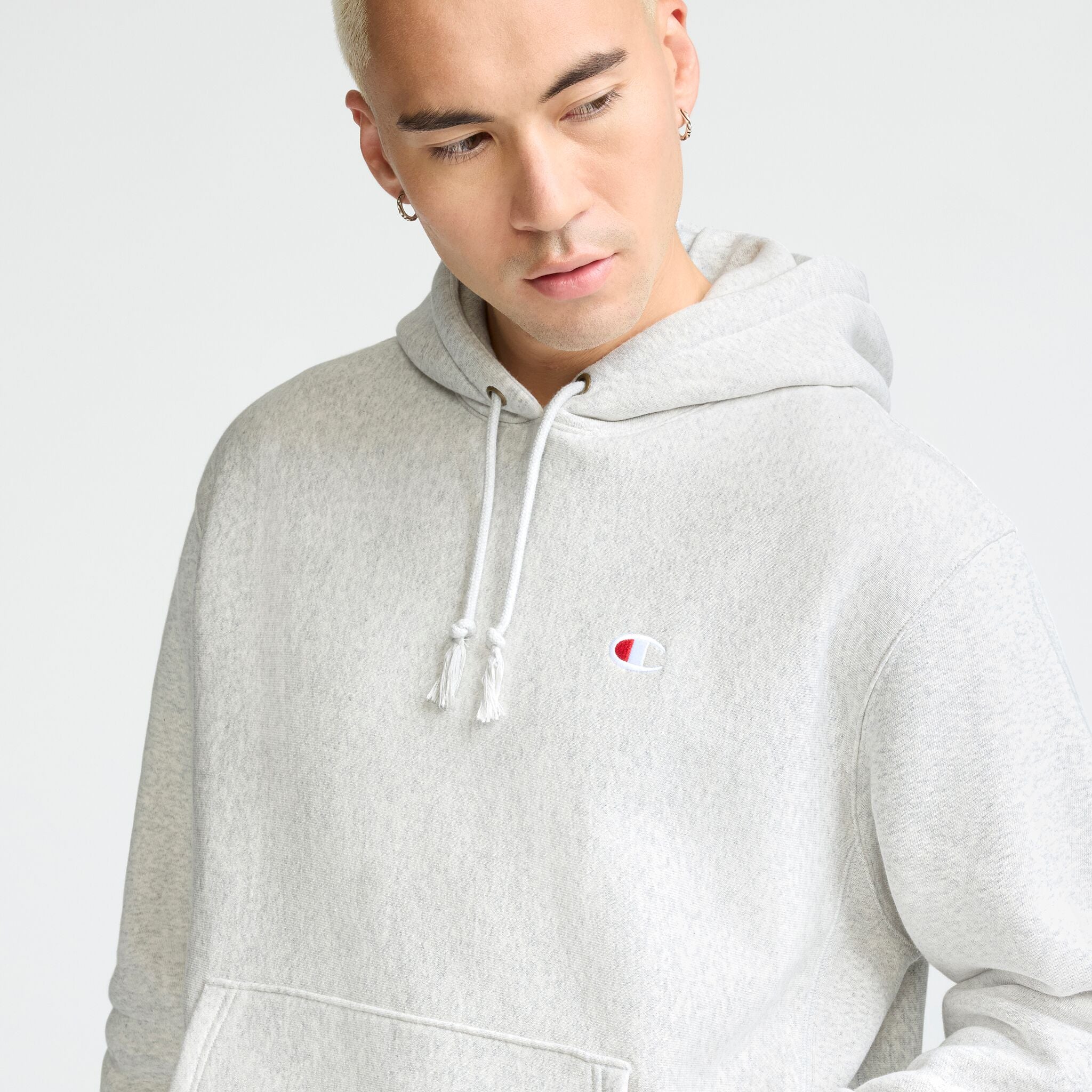 Champion Reverse Weave Hoodie, C Logo in Platinum Silver Heather