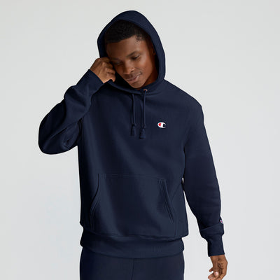 Champion Reverse Weave Hoodie, C Logo in Deep Navy