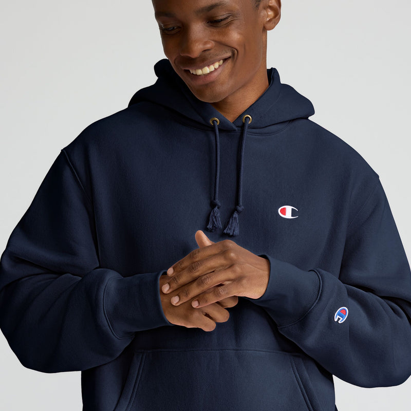 Champion Reverse Weave Hoodie, C Logo in Deep Navy