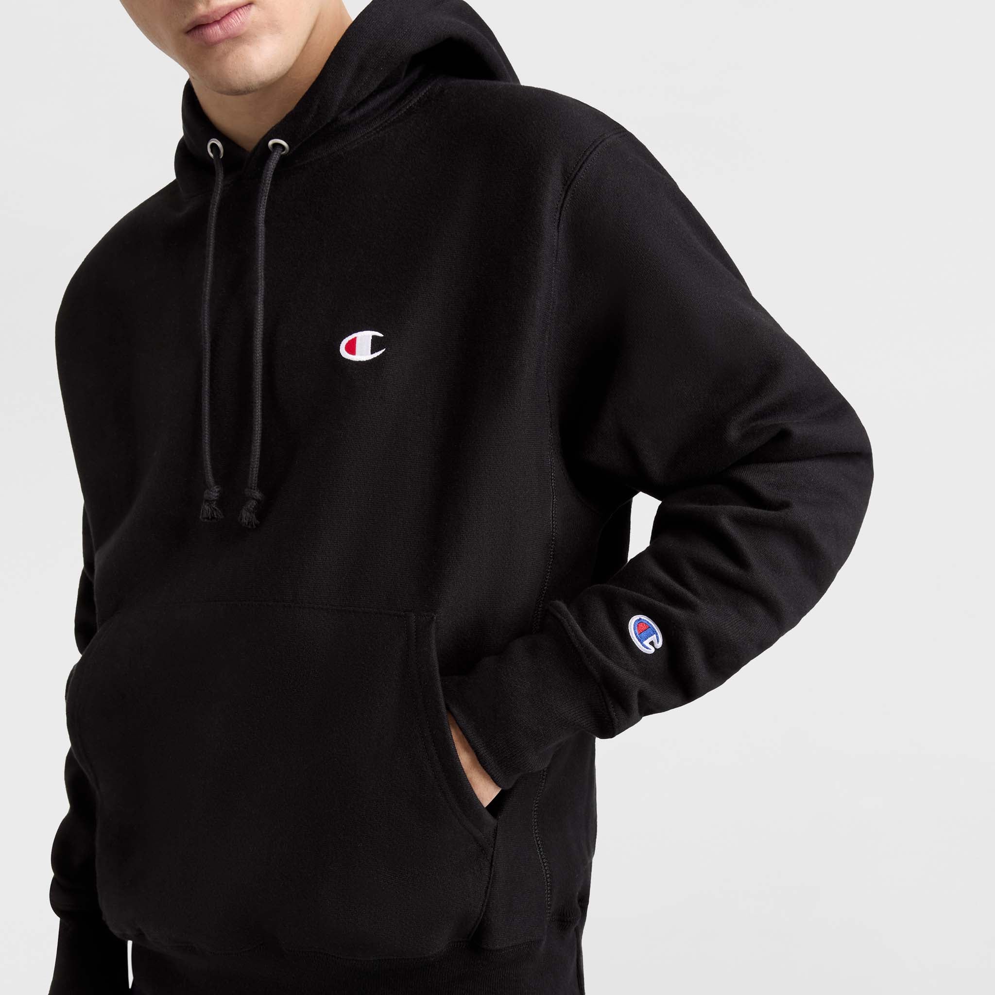 Champion Reverse Weave Hoodie, C Logo in Black