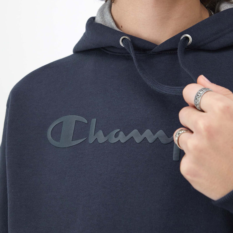 Champion Powerblend Hoodie, Tonal Script Logo in Navy