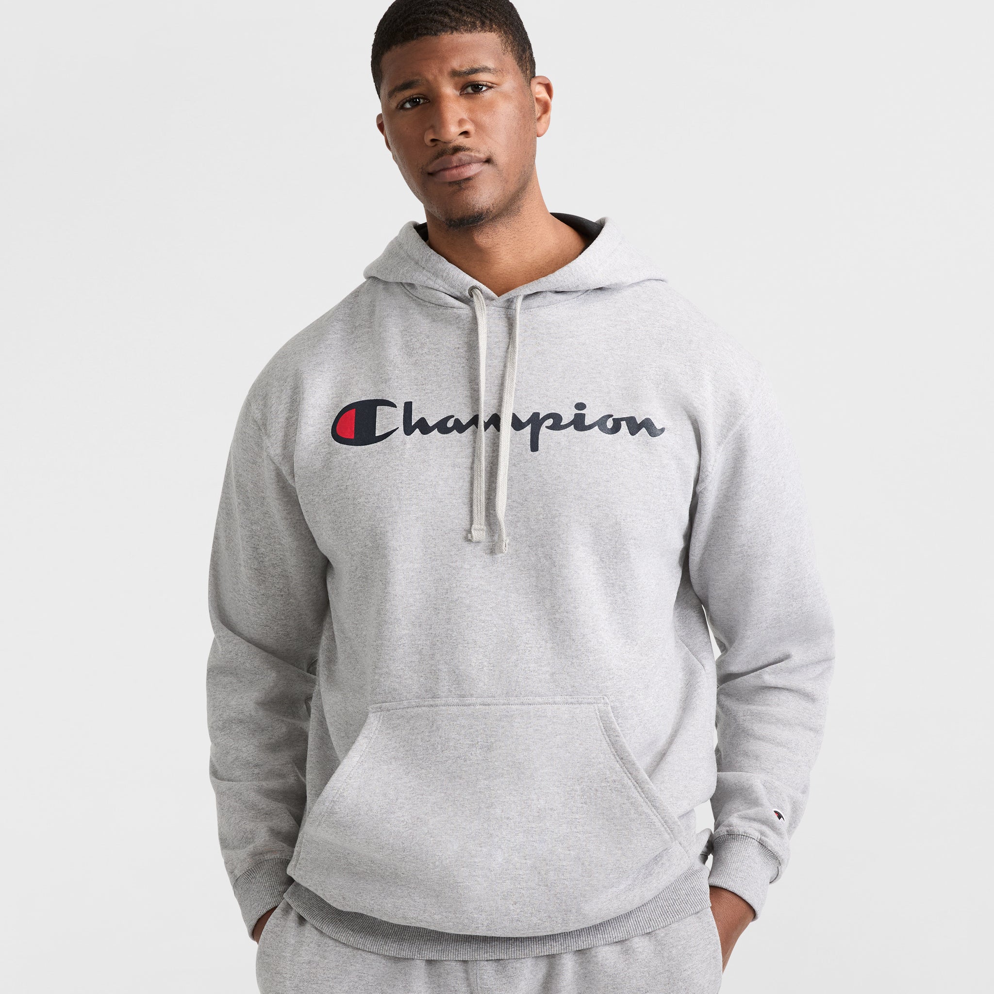 Champion Powerblend Hoodie, Script Logo - Big & Tall in New Manhattan Mist Heather