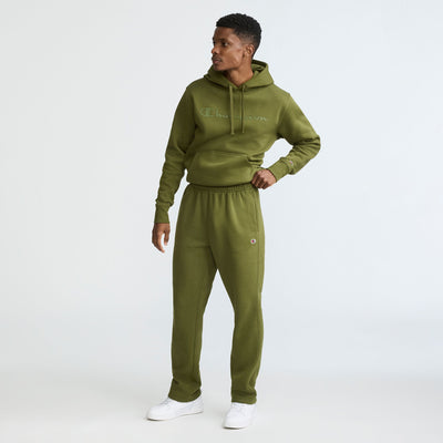 Champion Powerblend Sweatpants, Open Hem, C Logo in Immersive Olive