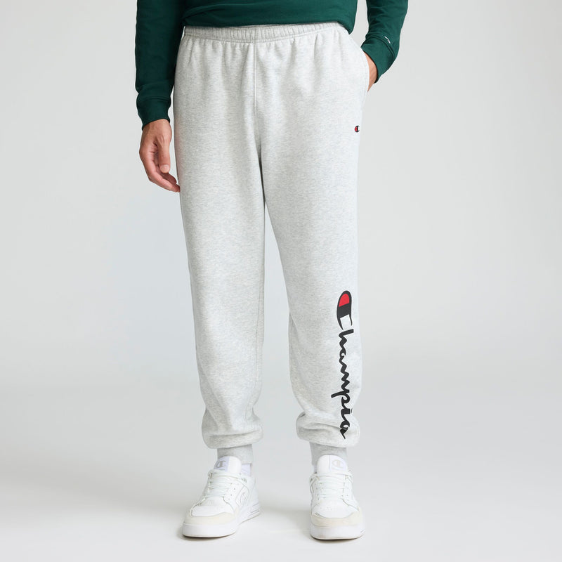 Champion Powerblend Joggers, Script Logo in Platinum Silver Heather