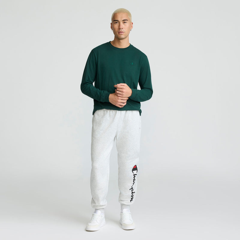 Champion Powerblend Joggers, Script Logo in Platinum Silver Heather