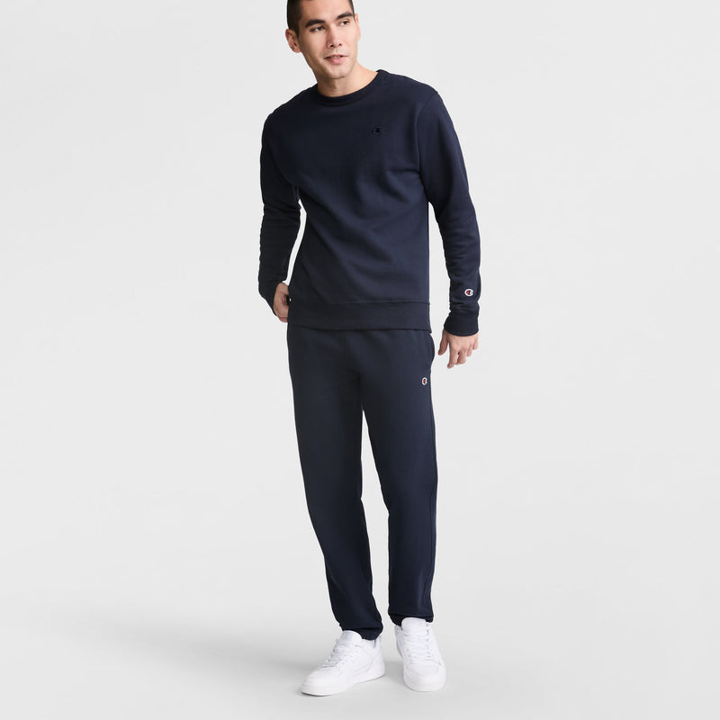 Champion Powerblend Sweatpants, Relaxed Hem, C Logo in Navy