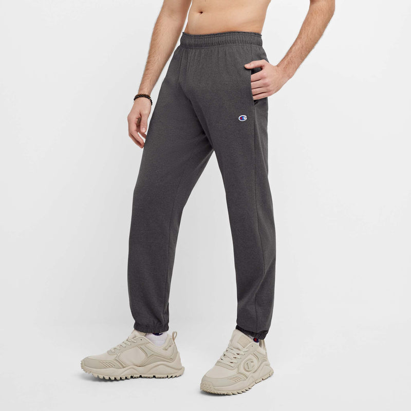 Champion Lightweight Lounge Pants, Cinched Hem, C Logo in Granite Heather