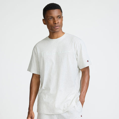 Champion Classic Graphic T-Shirt, Tonal Script Logo in Platinum Silver Heather