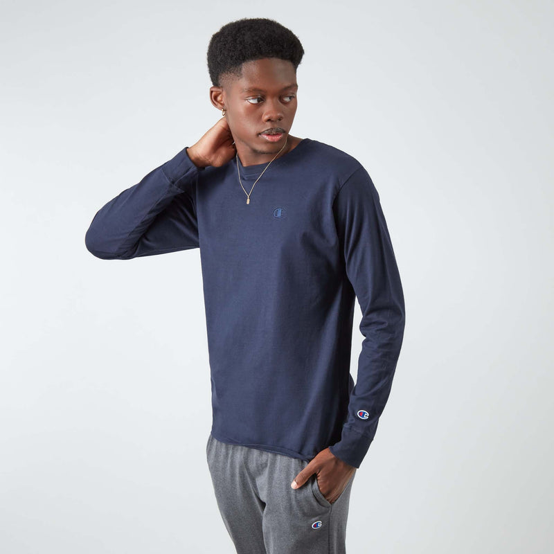 Champion Classic Long Sleeve T-Shirt, Embroidered C Logo in Navy