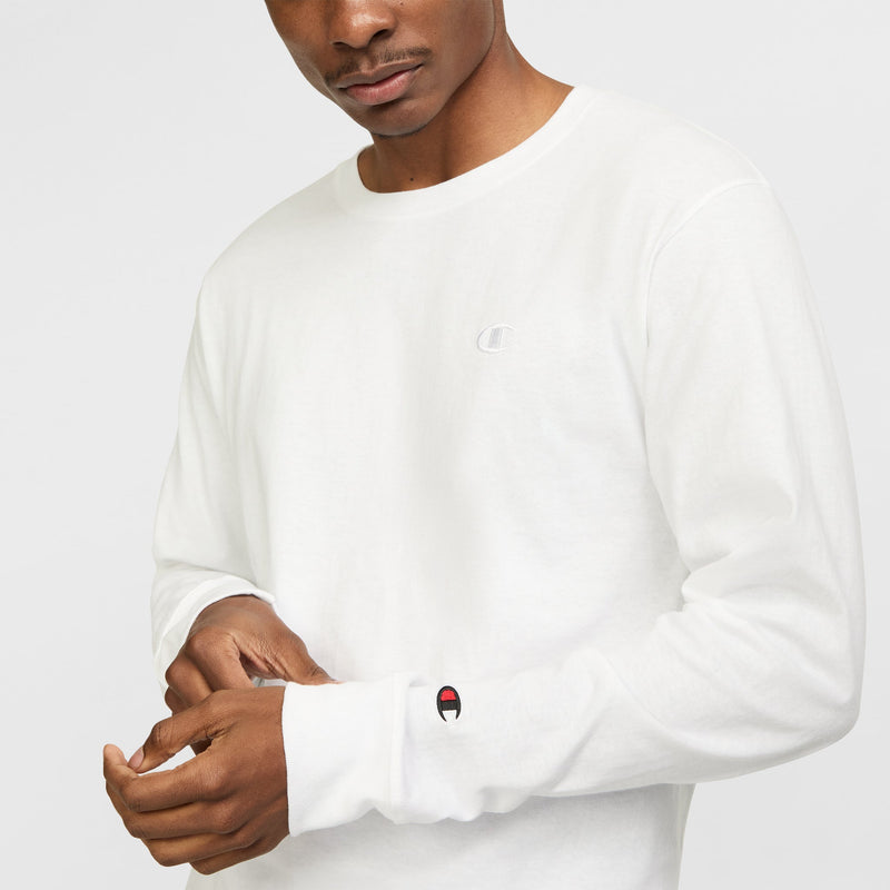 Champion Classic Long Sleeve T-Shirt, Embroidered C Logo in White