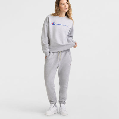 Champion Powerblend Crewneck Sweatshirt, Script Logo in New Manhattan Mist Heather
