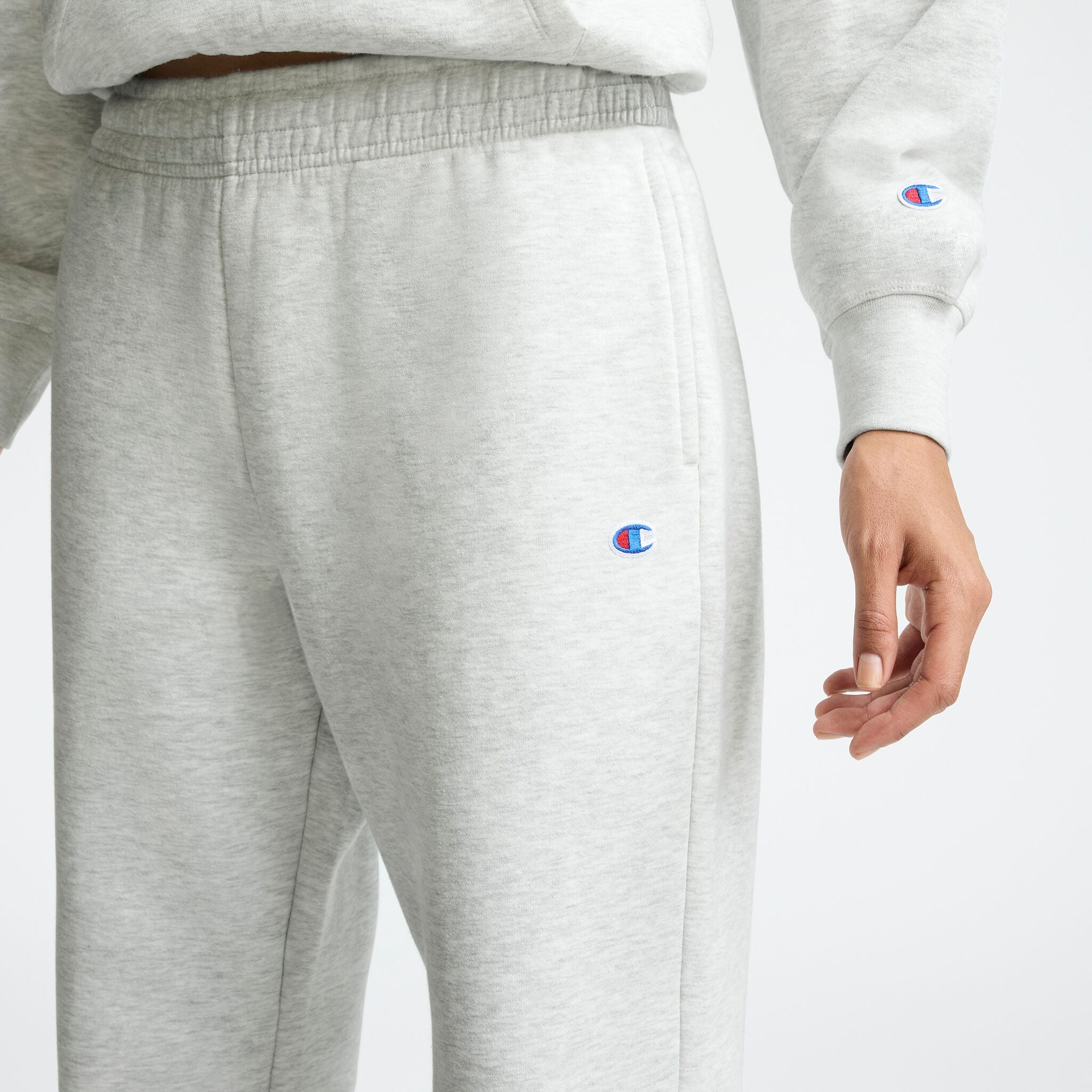 Champion Powerblend Oversized Sweatpants, C Logo in Platinum Silver Heather