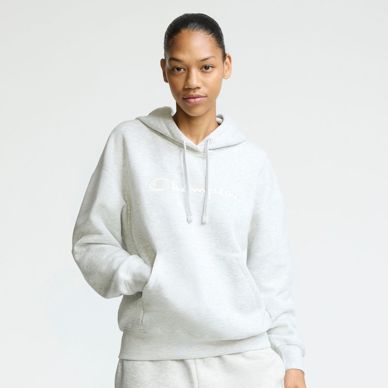 Champion Powerblend Hoodie, Relaxed, Full Embroidered Script Logo in Platinum Silver Heather
