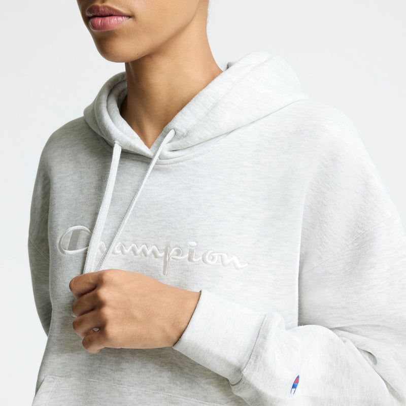 Champion Powerblend Hoodie, Relaxed, Full Embroidered Script Logo in Platinum Silver Heather