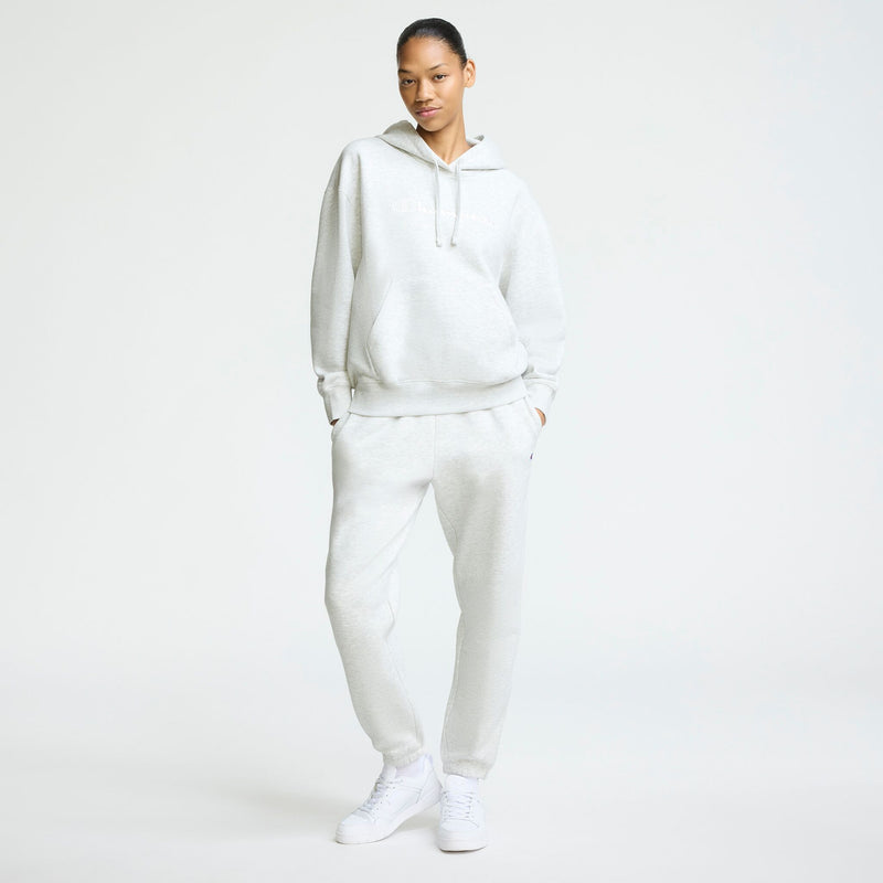 Champion Powerblend Hoodie, Relaxed, Full Embroidered Script Logo in Platinum Silver Heather