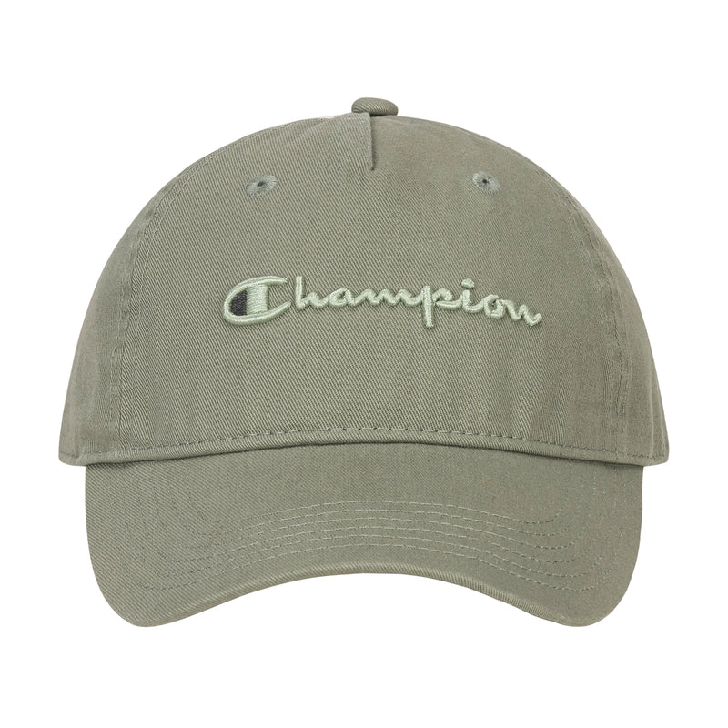 The Champion Script Embroidery Adjustable Cap is made from khaki green washed cotton twill, with light thread script embroidery on the front, a curved brim, visible stitching, and an adjustable strap for the perfect fit.