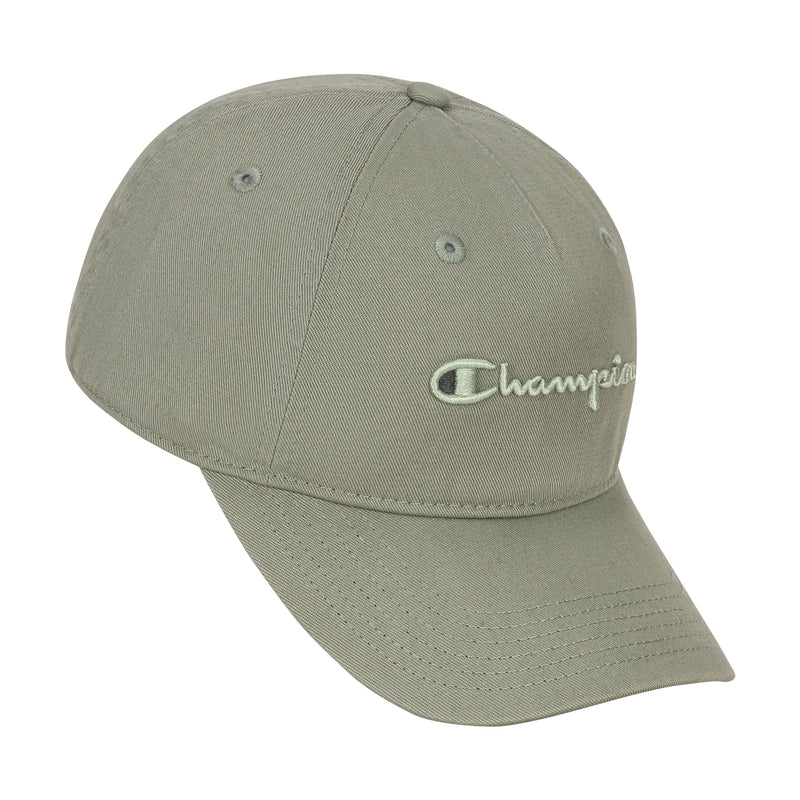 The Champion Script Embroidery Adjustable Cap is a light olive green washed cotton twill hat with a curved brim, ventilation eyelets, adjustable strap, and white Champion script embroidery on the front.