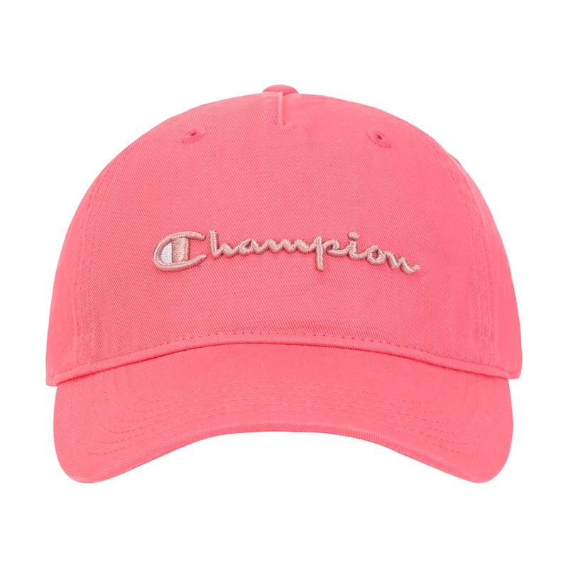 The Champion Script Embroidery Adjustable Cap is a bright pink washed cotton twill hat featuring white cursive Champion script on the front and an adjustable strap for comfort.