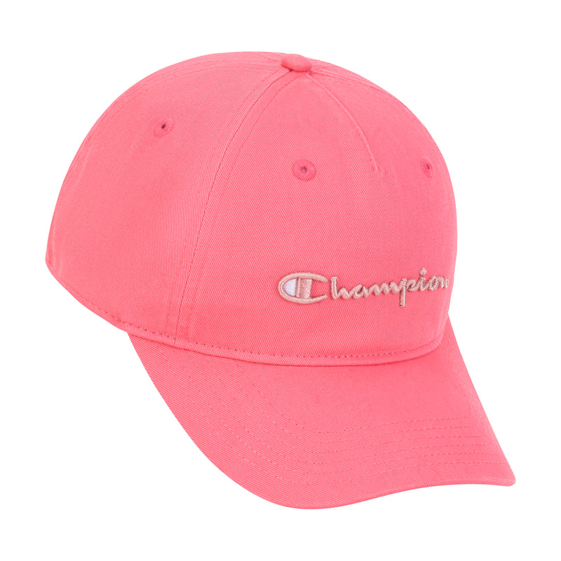 The Champion Script Embroidery Adjustable Cap is a bright pink washed cotton twill hat with a curved brim, white and light pink embroidered script, ventilation eyelets, and an adjustable strap for comfort.