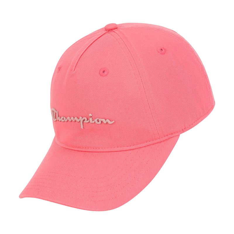 The Champion Script Embroidery Adjustable Cap is a pink cotton twill hat with white "Champion" embroidery on the front and an adjustable strap, displayed against a white background.