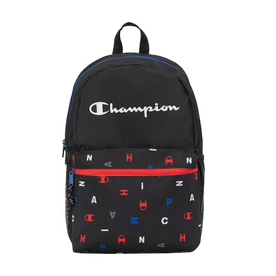 A black Champion backpack with the white Champion logo on the top and a front pocket featuring red, white, and blue letters and symbols scattered across the fabric. The front pocket has a red zipper.