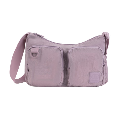 The Champion Quartz Small Messenger Bag in light purple features a wide strap, two front zip pockets, and a rectangular logo patch for stylish, hands-free convenience.