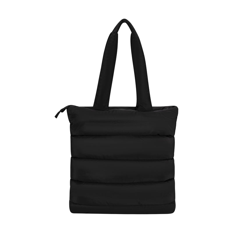 The Champion Quilted Billie Tote is a stylish black bag with a zipper closure and two padded shoulder straps, ideal for everyday use, shown against a white background.