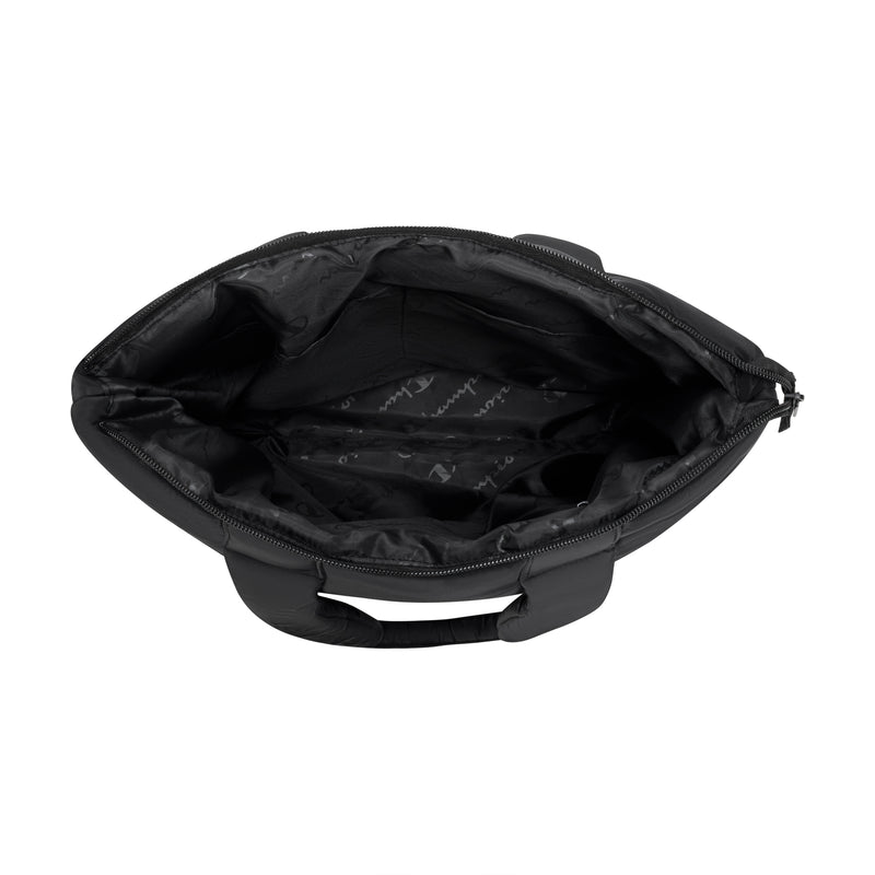Top view of the Champion Quilted Billie Tote, featuring a spacious interior with black fabric lining. This stylish bag has two short handles and a zipper closure, ideal for everyday use. No visible items inside.