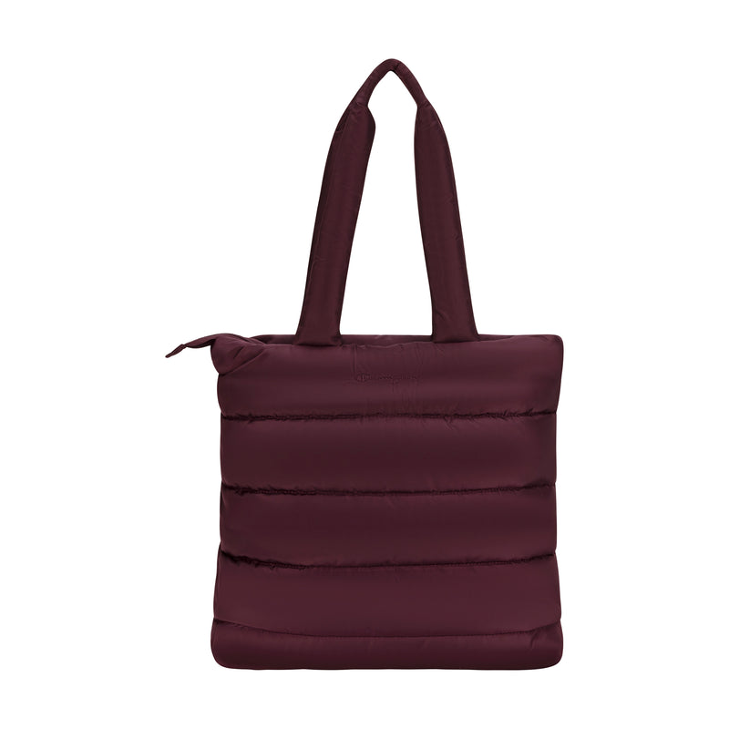 The Champion Quilted Billie Tote features a maroon padded design, two thick handles, and a zipper closure—ideal for everyday use. Shown against a plain white background.