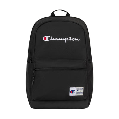 The Champion System Backpack is black with an embroidered white and red Champion logo on the front, a front zip pocket, multiple compartments, and a small white Champion label near the bottom.