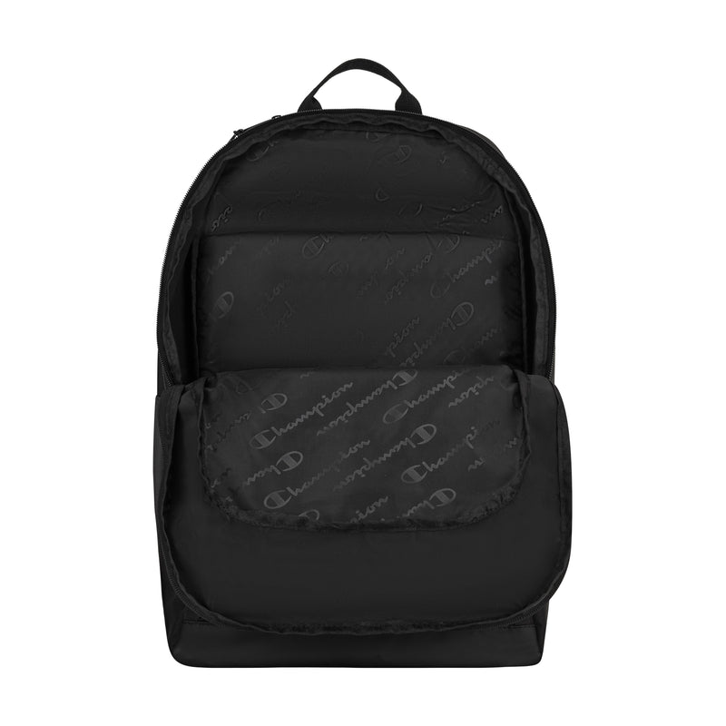 The Champion System Backpack features a plain black design with subtle diagonal logos, a front pocket, multiple compartments, a padded laptop sleeve, top handle, and adjustable shoulder straps for comfort and versatility.