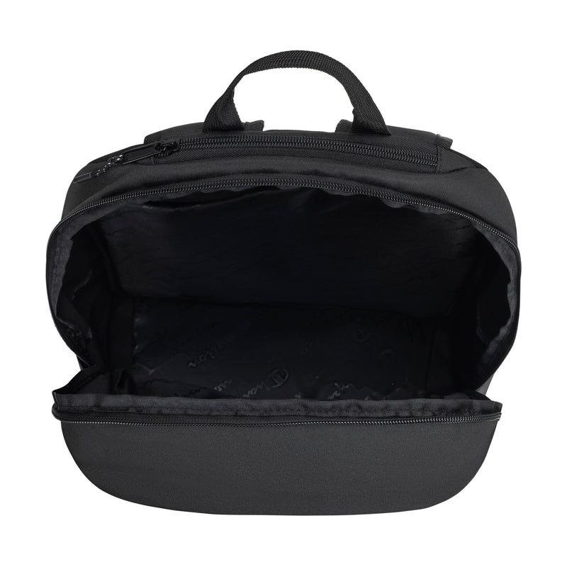 The Champion System Backpack is shown from above with its main compartment unzipped, revealing a spacious, empty interior lined with dark fabric and a padded laptop sleeve for extra protection.