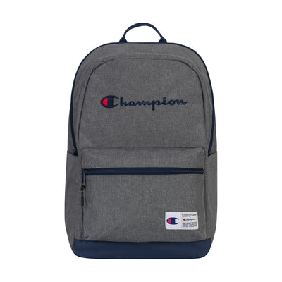 The Champion System Backpack is gray with a navy logo and accents, multiple compartments, a padded laptop sleeve, a front zip pocket, and a small white Champion label on the lower front.