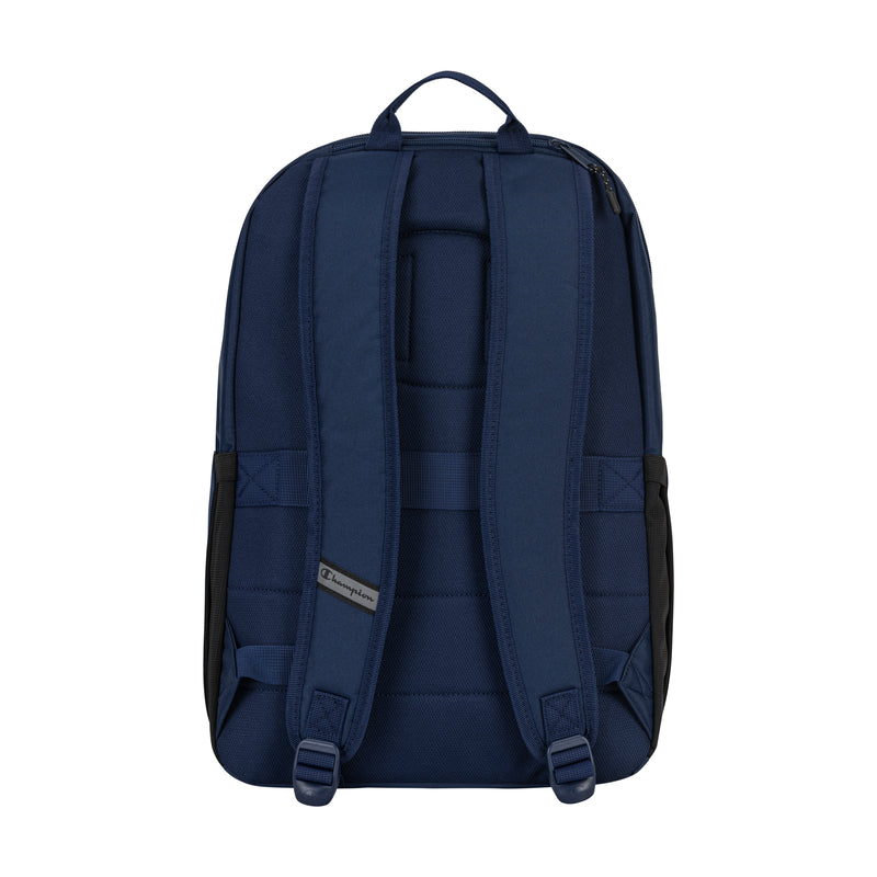 The Champion System Backpack is shown from the back against a white background, with navy blue color, black side panels, multiple compartments, padded adjustable shoulder straps, and a top handle.