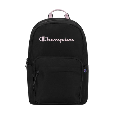 The Champion Steady Backpack in black features white and pink embroidered branding, a front zipper pocket, main compartment, padded laptop sleeve, and a small logo patch—ideal for everyday use.