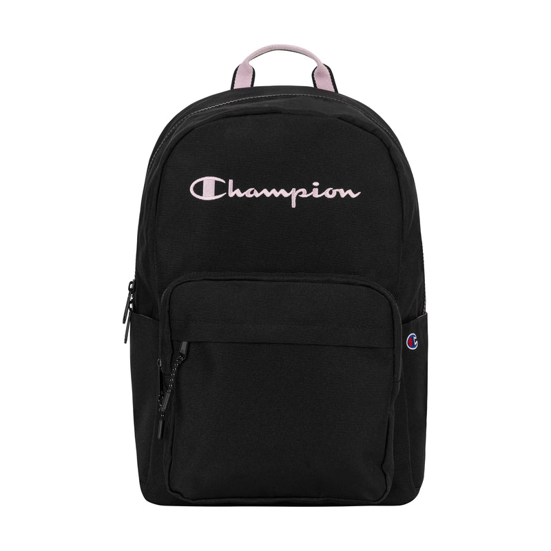 The Champion Steady Backpack in black features white and pink embroidered branding, a front zipper pocket, main compartment, padded laptop sleeve, and a small logo patch—ideal for everyday use.
