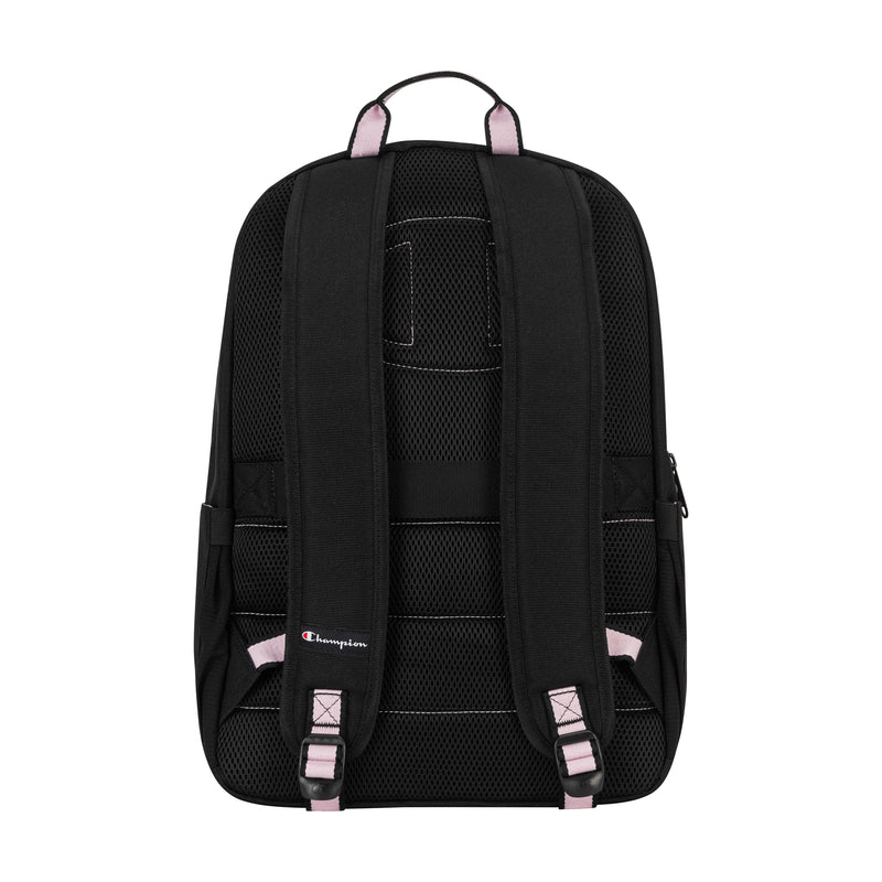 The Champion Steady Backpack is shown from the back with padded, mesh shoulder straps featuring pink accents and a small Champion logo; styled details stand out against a plain white background.